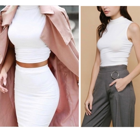 Tops - White Ribbed Mock Neck Fitted Crop Top
